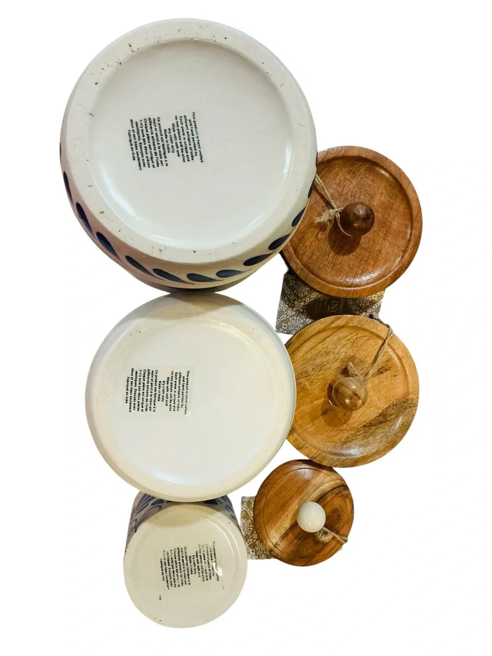 Blue Floral Ceramic Canister set with Wood Lid - White and Blue
